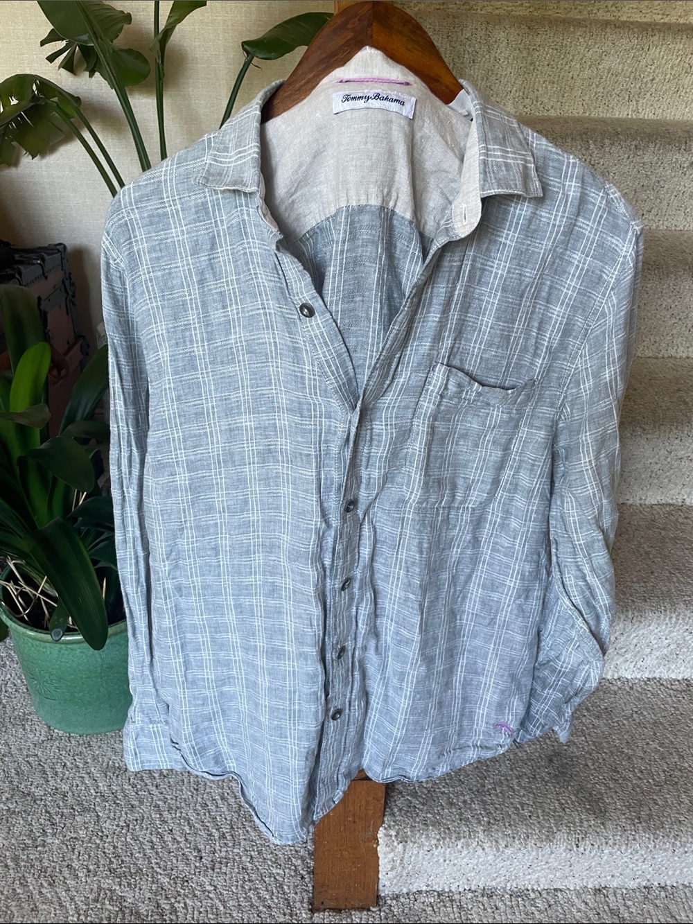 Tommy Bahama Gray Blue Coastal Plaid Linen Blend Button-Down Shirt